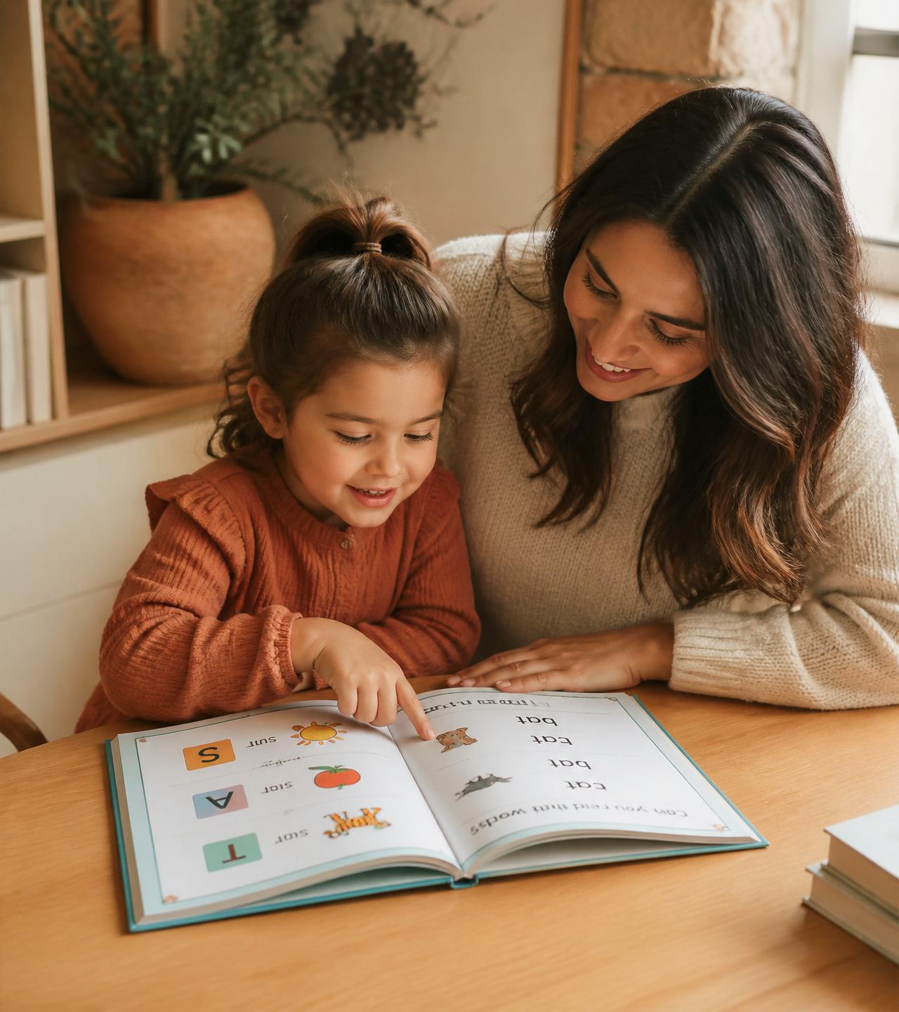Mãe e filha lendo juntas o kit de grafismo fonético